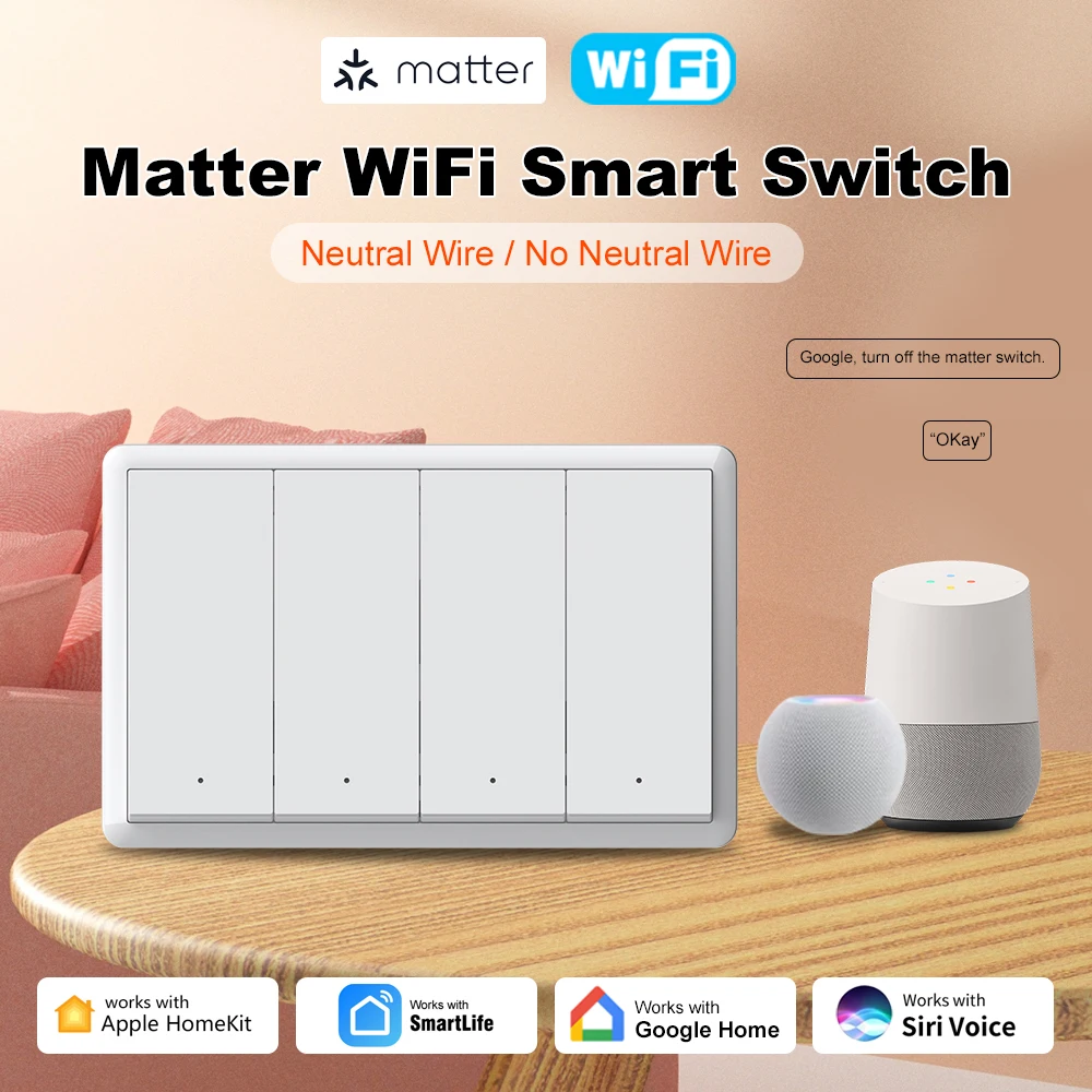 Tuya Matter WiFi Smart Switch Neutral Wire Optional Switch US Standard Switch Push Button Light Switch Voice Control With Alexa