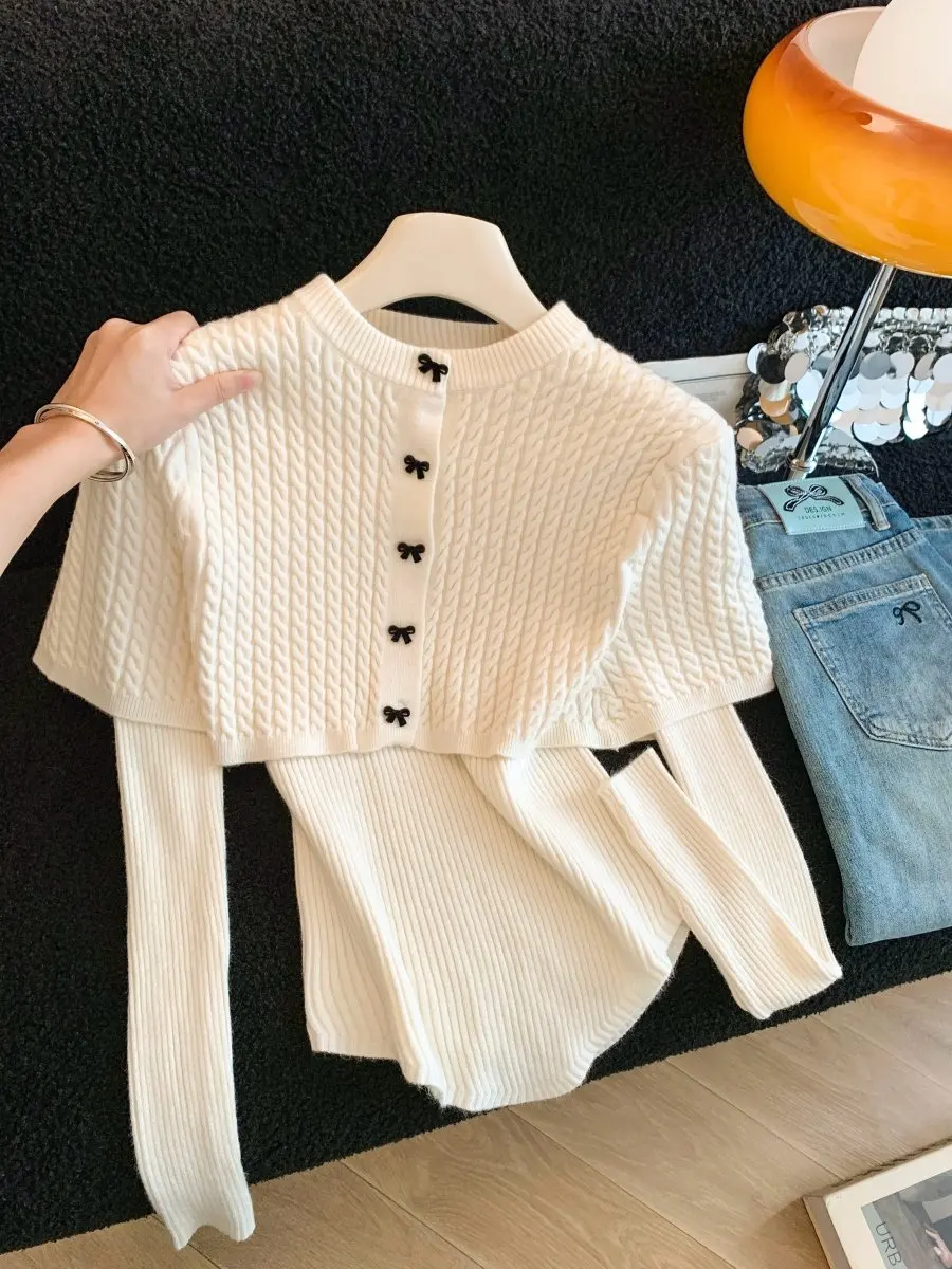 

Осенне-зимний женский вязаный свитер с V-образным вырезом и шалью, комплект из двух предметов, в стиле «самовосстанавливающийся», с воротником-стойкой на завязках, роскошный вид