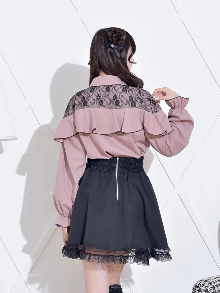 Spring Autumn Ruffled Solid Color Ladies Tops Japanese Style New Mine Lace Long Sleeve Sweet Mine Shirt Y2k Cute Girls Blouse