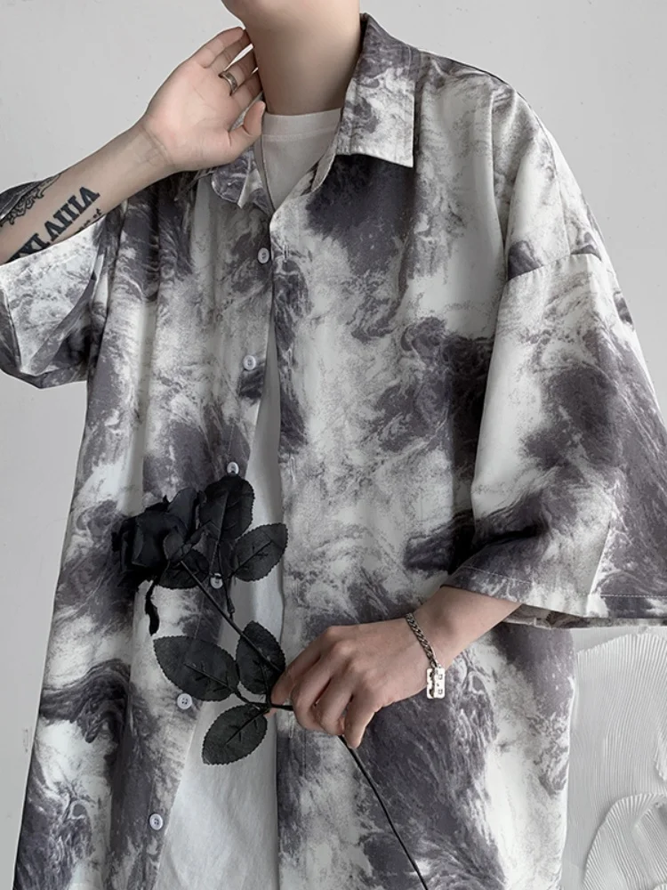 

Baroque Sle Men's Ice Silk Loose Fit ort Sve irt Trendy Vintage Seven-Quarter Sve Outerwear Summer Faion