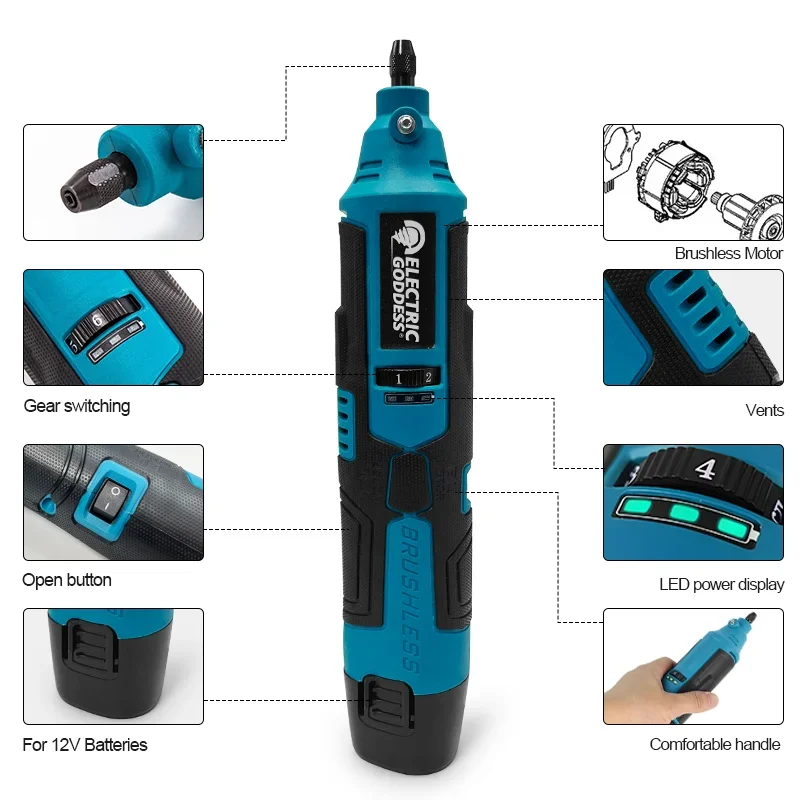 Egod 18000rpm moedor elétrico sem escova portátil 24w potência seis velocidades ajustável multifuncional polidor portátil 12v bateria