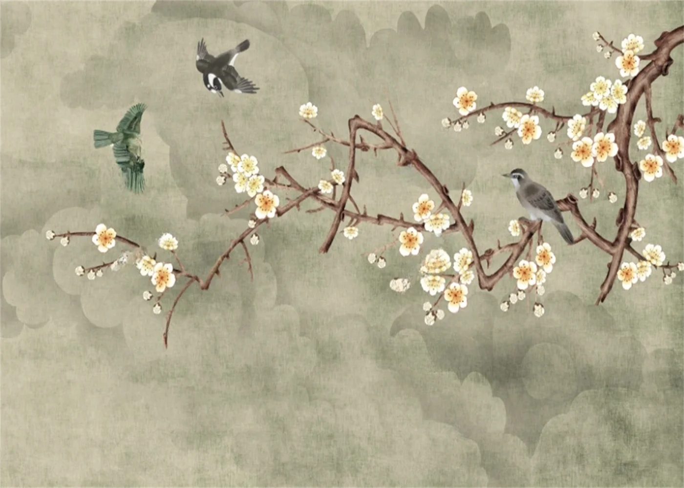 Customized size mural hand-painted tree branches, flowers, birds, landscape wallpaper, home decoration, Chinese flowers mural