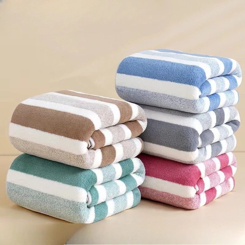 40x70cm Quick Drying Coral Fleece Bath Towel, Thin Soft Non Shedding Velvet Striped Face Towel,Bathroom Shower Absorbent Towel