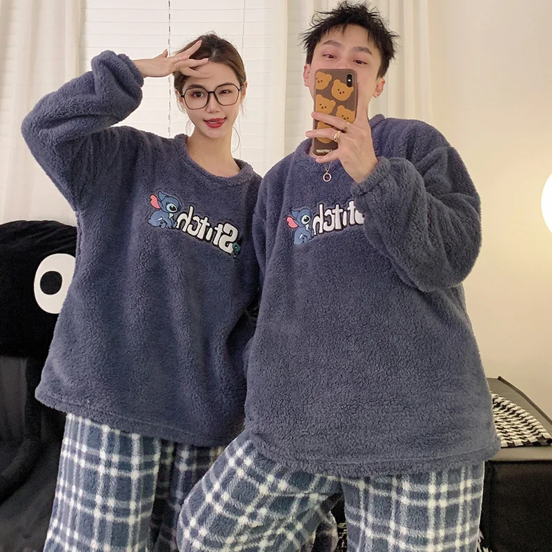 Cartoon Disney couple pajamas winter warm couple suit crew neck plush two-piece set Disney loungewear Stitch women's pajamas