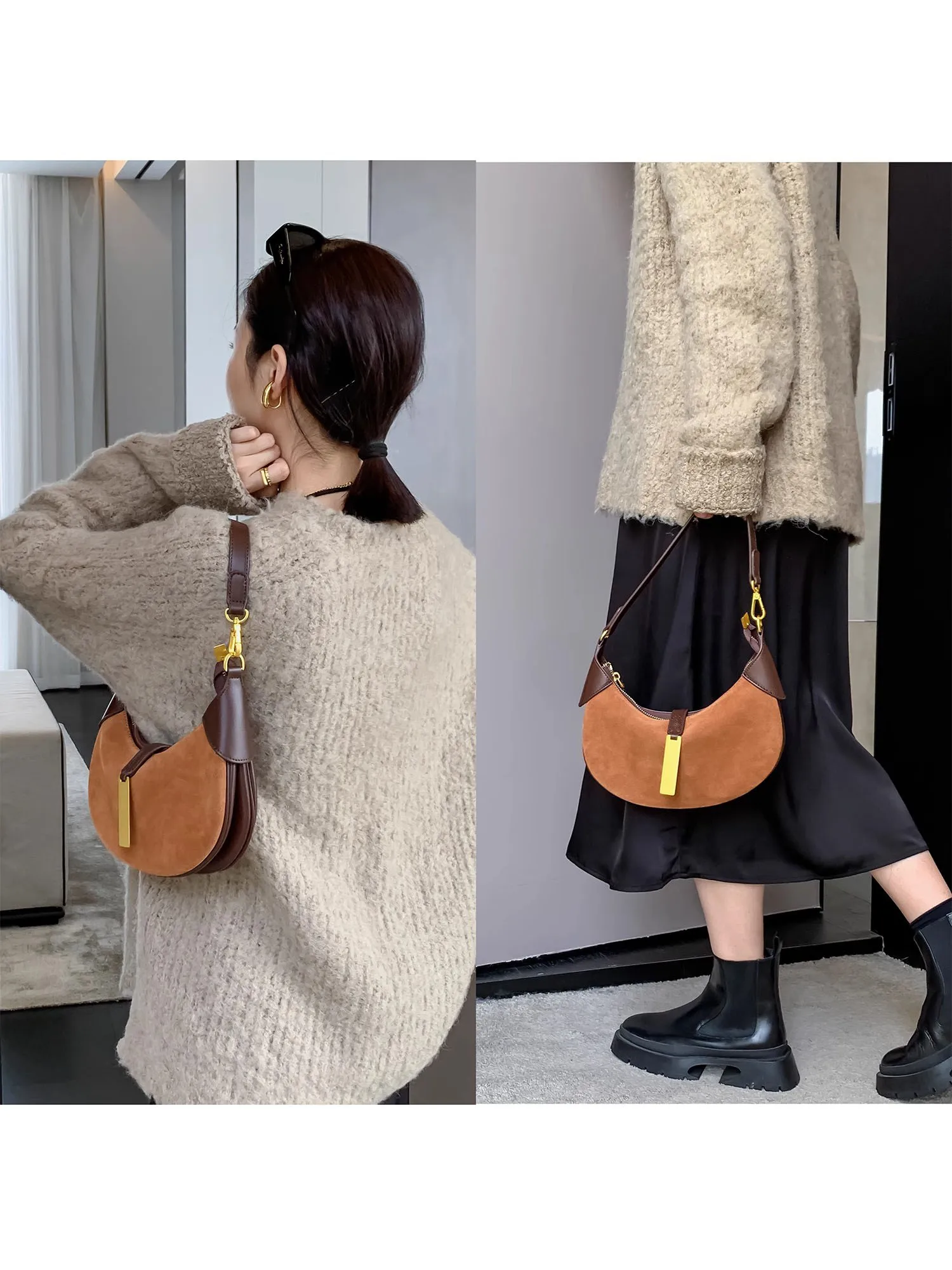 

MK DA Retro Matte Leather Underarm Bag Women's New 2025 High-End Feel Small Moon ape Crossbody Handbag Faion Trend