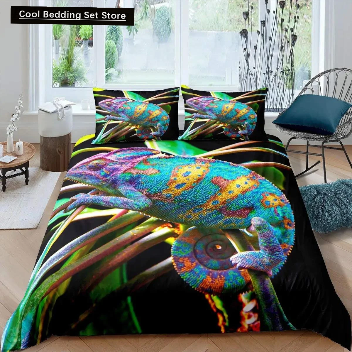

Chameleon Duvet Cover Set 3D Wild Animal Theme Twin Bedding Set Wildlife Comforter Cover Boys Green Leaf Polyester Quilt Cover