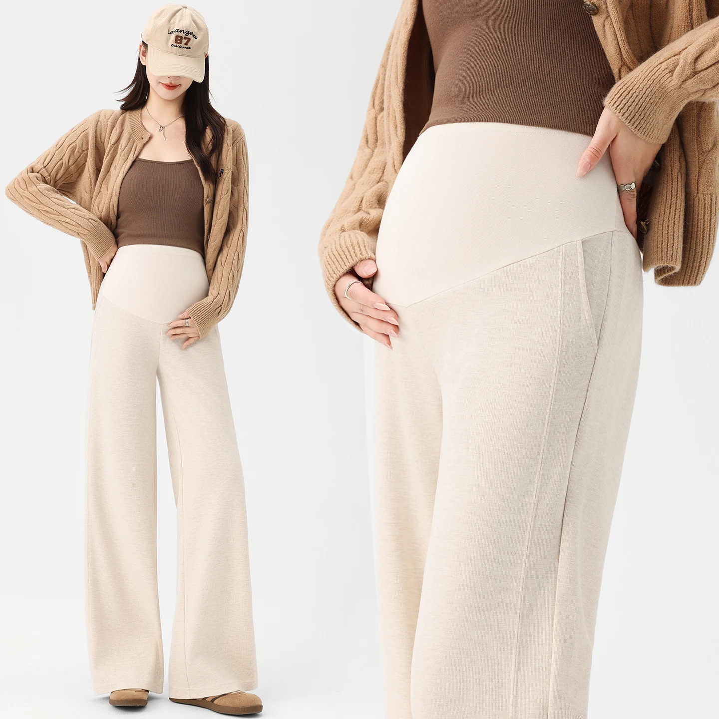 

2025 New Maternity Acetate Wool Trousers for Autumn and Spring - High-Waisted Support Wide-Leg Pants Clothes for Pregnant Women