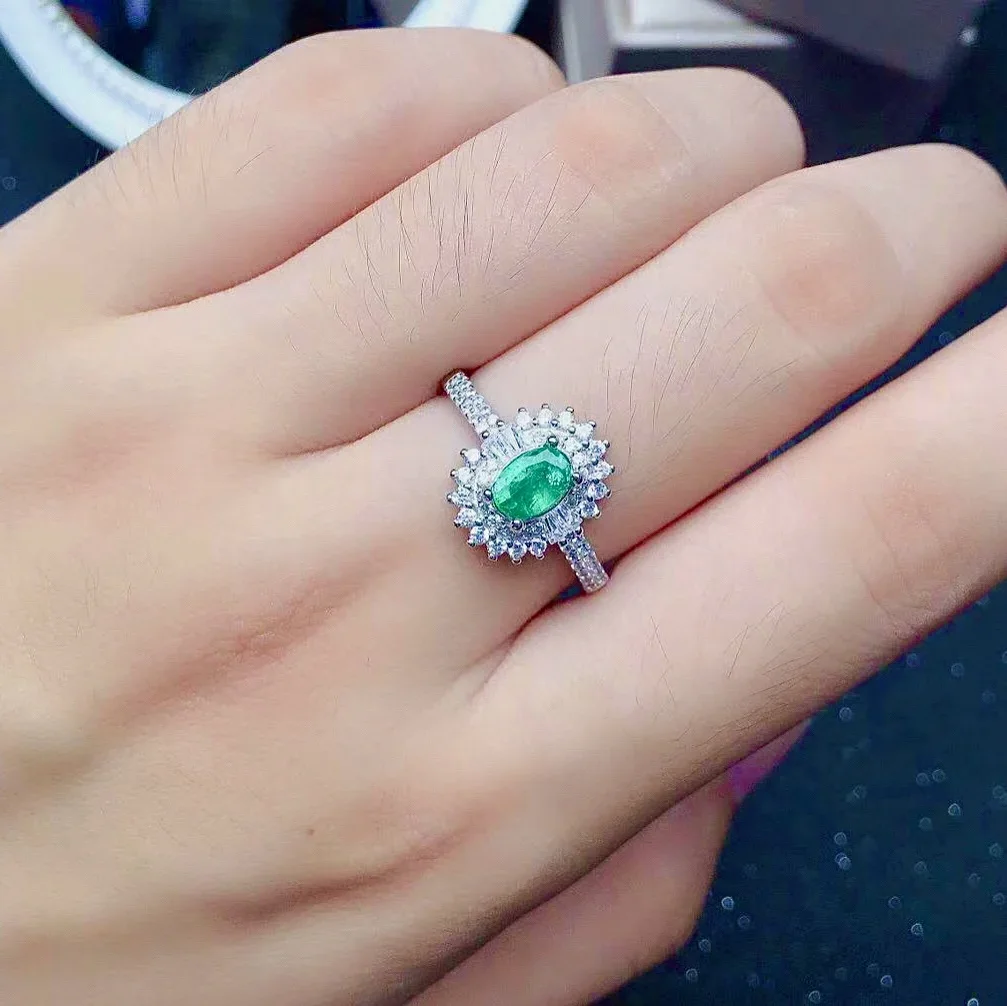 

100% Natural Emerald Wedding Ring for Woman 5mm*7mm Emerald Silver Ring for Party Fashion 925 Silver Emerald Ring
