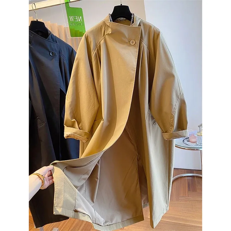 Gabardina de ocio con cuello levantado de gama alta para mujer, abrigo cortavientos holgado de longitud media, color amarillo jengibre y negro, primavera y otoño 2024