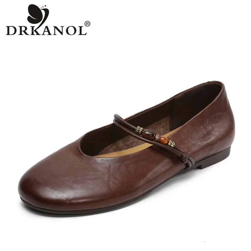 

DRKANOL 2026 Spring Summer Flat Shoes For Women Genuine Cow Leather Slip On Soft Sole Comfort Shallow Lady Casual Single Shoes