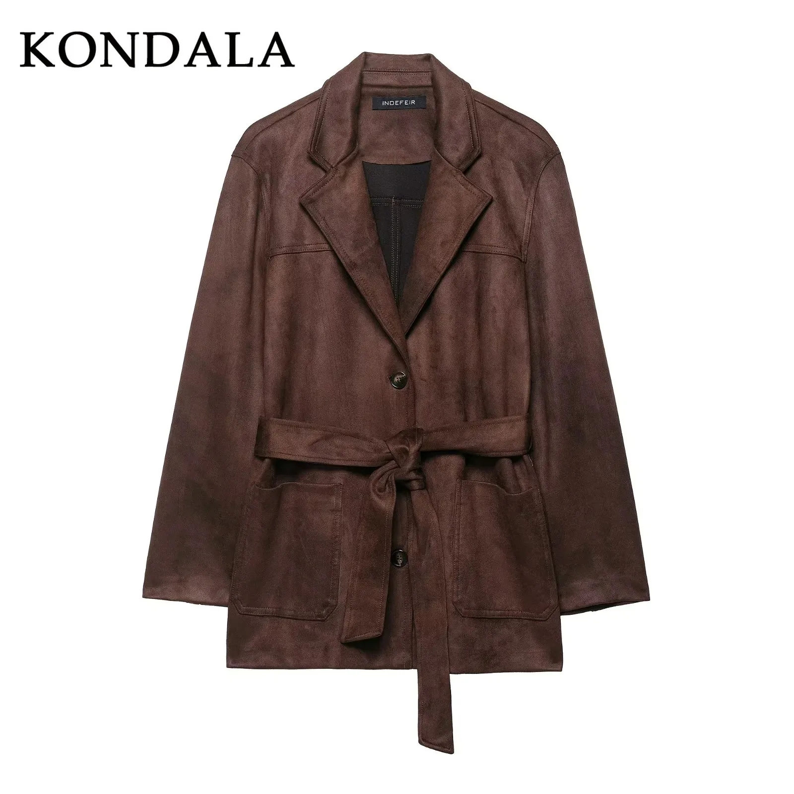 KONDALA 2025 معاطف نسائية لخريف وشتاء من جلد الغزال باللون البني ملابس خروج أنيقة للسيدات بياقة مقلوبة معاطف واحدة الصدر #2