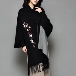 Women Batwing Sleeves Embroidered Plum Blossom Cardigan Outstreet Wear Loose Cape Winter Knitted Shawl Poncho Tassel Long Cloak