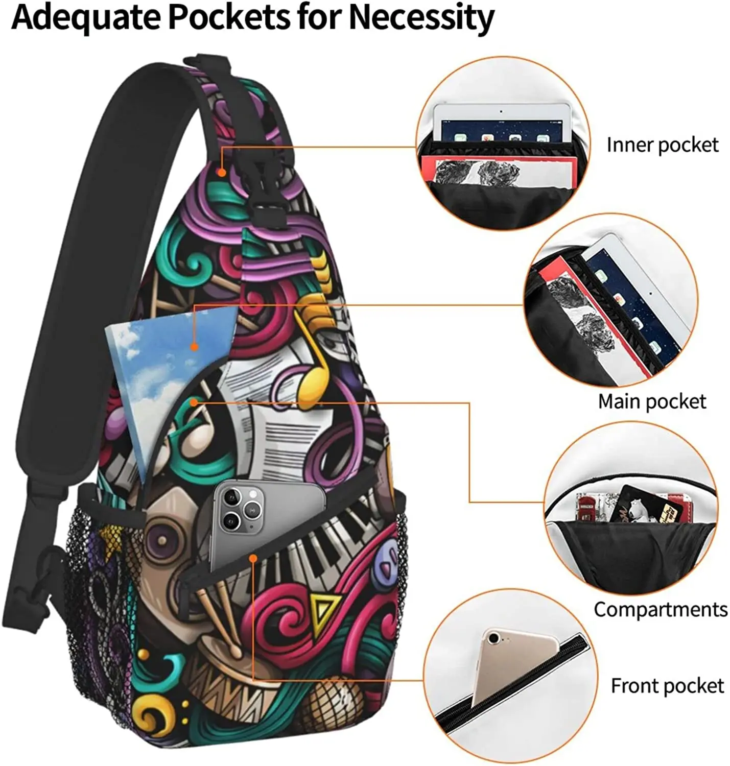 Music Hand Drawn Doodles Seamless Pattern Musical Sling Bag For Women Men Crossbody Shoulder Bags Casual Backpack Chest Bag