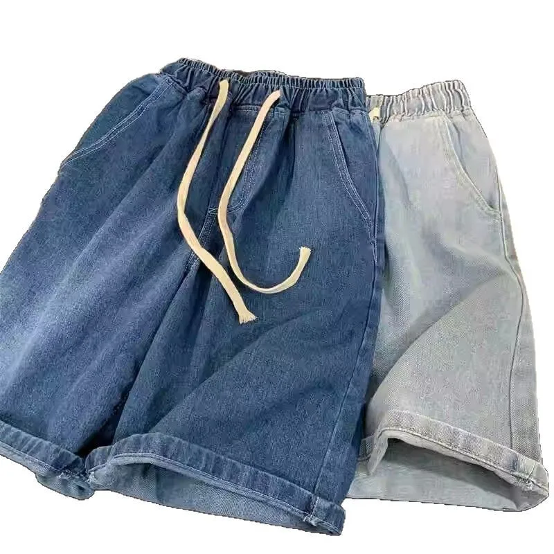 

Elastic Waist Denim Trousers Men's Elastic Drawstring Denim Shorts with Pockets Casual Summer Beach Shorts Quick-drying for Men