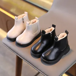 Botas cortas de algodón para niños y niñas, Botines Chelsea antideslizantes con punta redonda, color negro y Beige, a la moda, Gran Bretaña, 2023