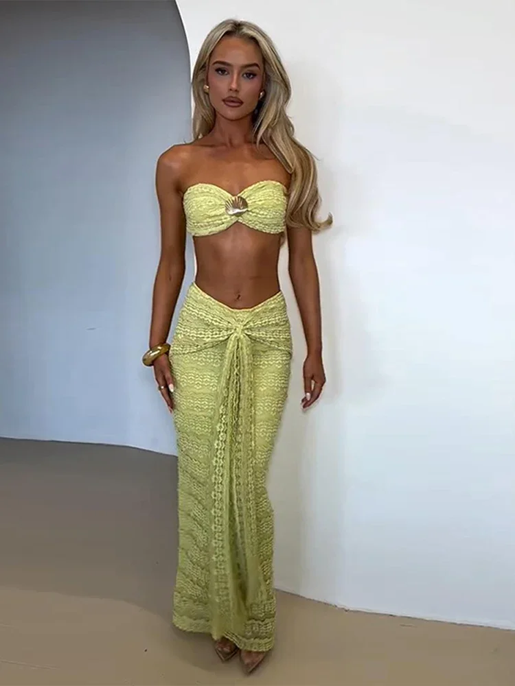 

Sexy Shell Bikini Long Skirt Sets Sleeveless Backless Tube Tops Pleated Ribbon Hip Package Skirts Summer Lady Beach Suit