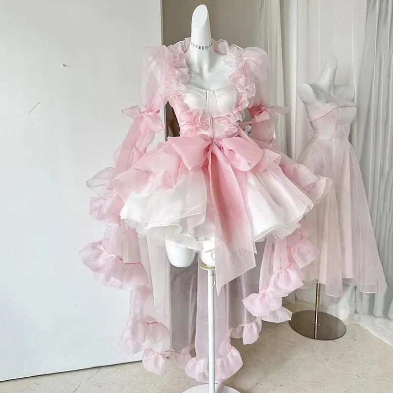 

Kawaii Ruffle Puffy Women 3-piece Set Dress Underskirt Shawl Shrug Princess Pink Mini Evening High Low Dress Lolita Tutu Train