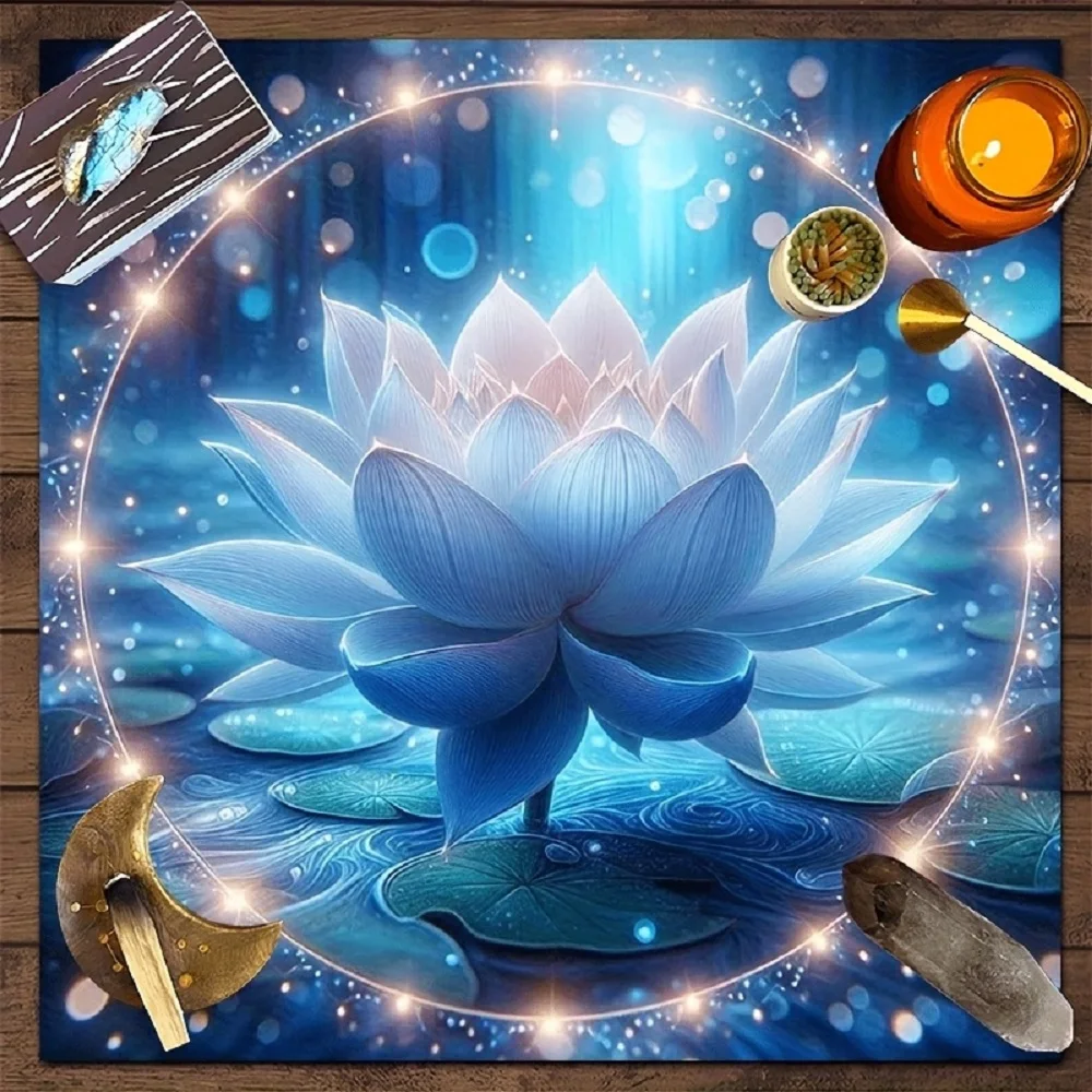 1 Piece of Dreamy Lotus Mystical Tarot Tablecloth - Blue and Gold Spiritual Altar Cloth, High-Grade Polyester Square Table Cover