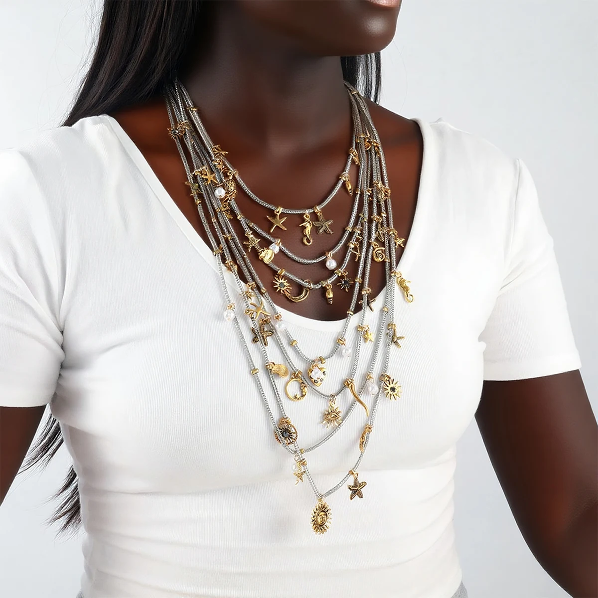 

ZAA Multilayer Waterfall Metal Chains Starfish Sun Flower Charm Necklaces for Women Vintage Statement Jewelry Necklace Gifts