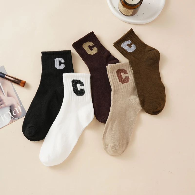 5 Pairs Of Children's Mid-Tube Socks Autumn Winter New Maillard Color Pure Cotton Breathable Trendy Letter Students Sports Socks