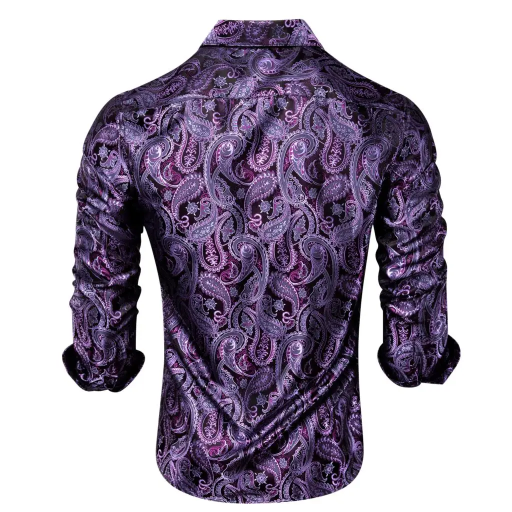 Hi-Tie Purple Silk Mens Shirts with Braces Bowtie Lapel Long Sleeve Social Suit Dress Shirt Jacquard Male Wedding Business Gift