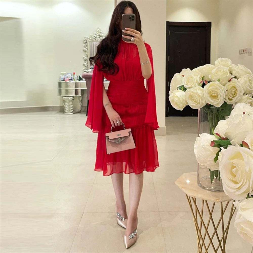 Simple High Collar Red Ruffle Chiffon Sheath Customized Formal Occasion Prom Dresses Women Evening Party Dress  فساتين السهرة