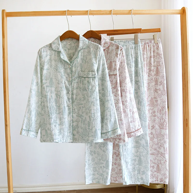 New Spring Summer Women's Japanese Pajamas Set Lightweight Long Sleeve Trousers with Cardigan in Pure Cotton Gauze XL Size Cozy