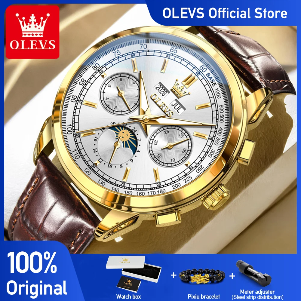 

OLEVS 7117 Classic Men Mechanical Movement Watch 24h Moon Phase Day Window HD Luminous 30m Waterproof Leather Strap Watch Men