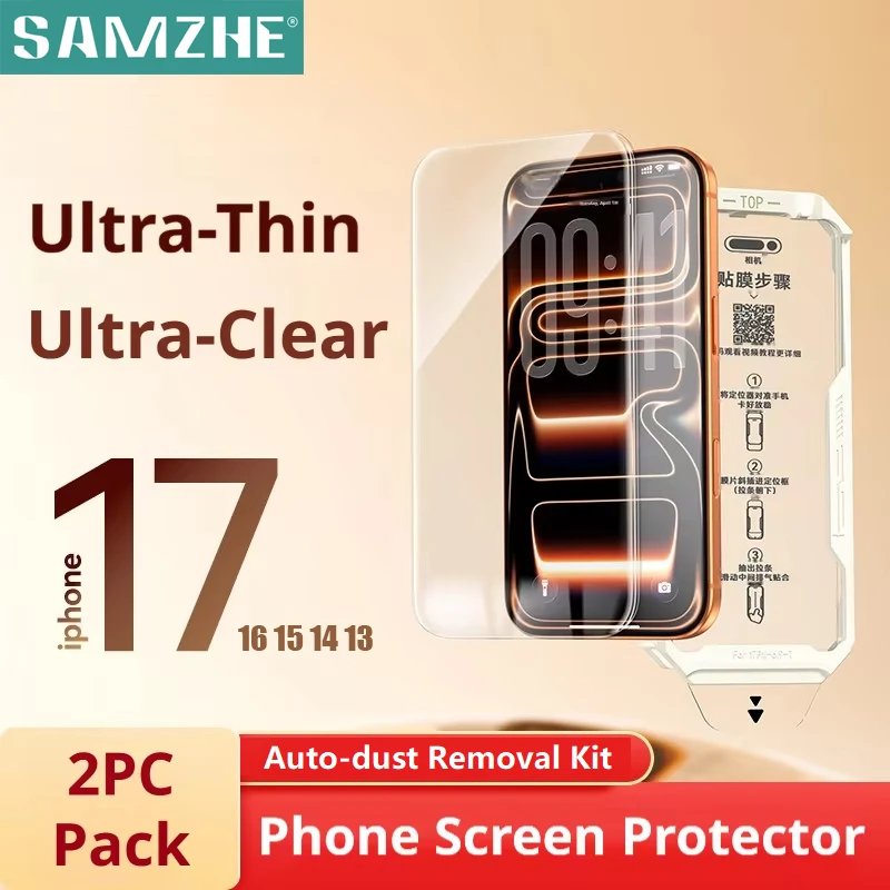 SAMZHE 2PCS HD Glass For iPhone 17 16 15 14 Pro Max Screen Protector Full Screen Tempered Glass Protection with Dust-free Cabin