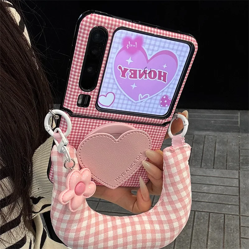 

Cute Pink 3d Heart Magnetic Stand Case for Samsung Z Flip7 6 5 OPPO Find N3 N2Flip /Xiaomi Mix Flip/Razr50 Kawaii Leather Cover