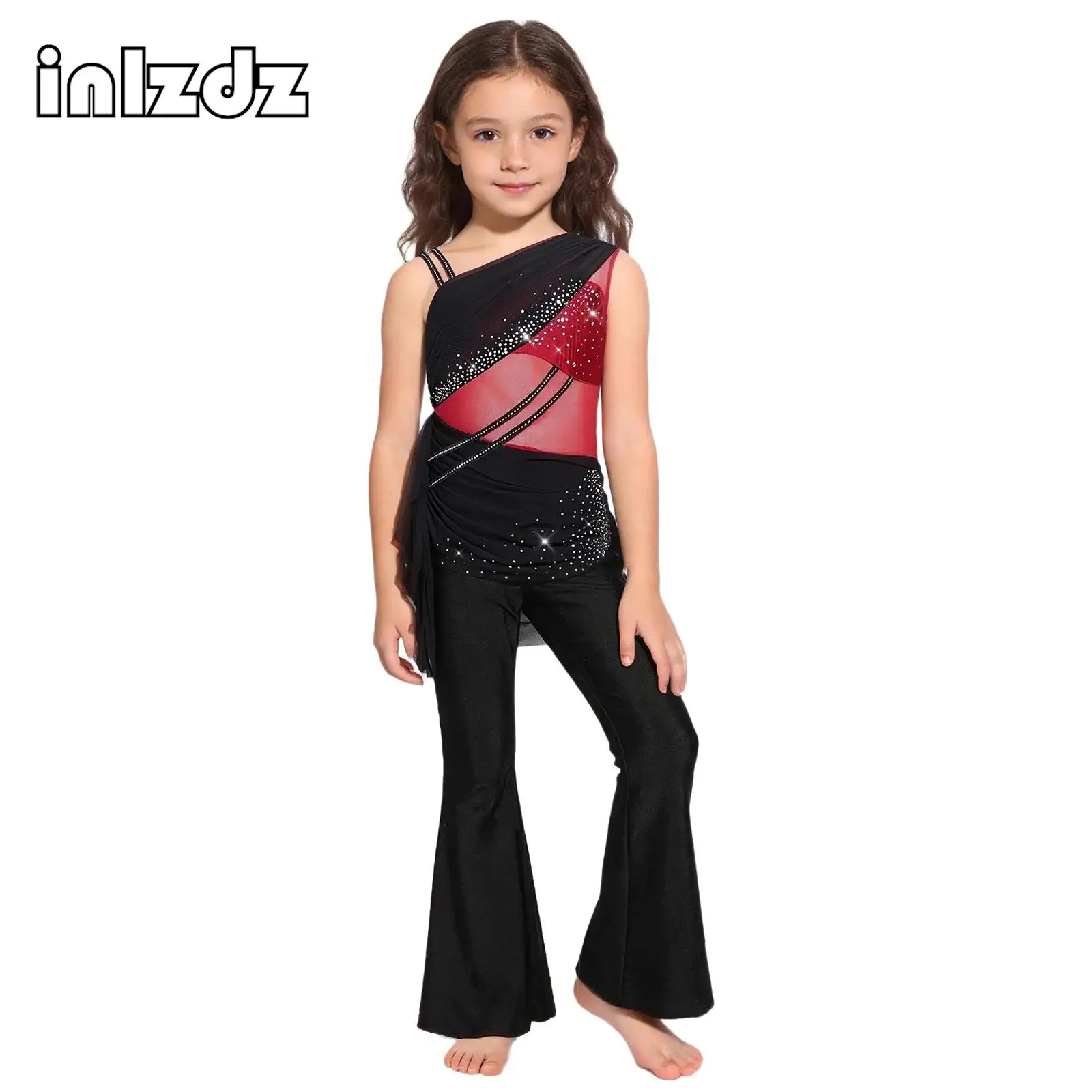 

Kids Girls Athletic Gymnastics Ballet Dance Figure Skating Stage Performance Costume Mesh Ruched Jumpsuit Bell-Bottom Bodysuit