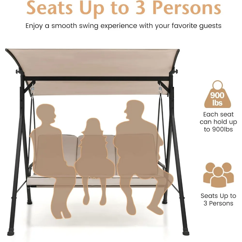 3人用ポーチブランコ、調節可能なキャノピー付きパティオブランコ、取り外し可能なクッション、固体金属構造、900ポンドの屋外キャノピースウィン