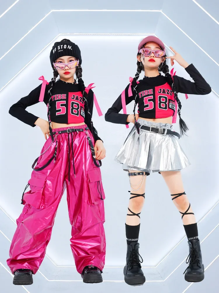 Neues Mädchen-Hip-Hop-Crop-Top, glänzende Cargohose, T-Shirt, Street-Dance-Shorts, Kinder-Streetwear, Kinder-Jazz-Mädchen-Gruppen-Kleidungssets – Detail 4