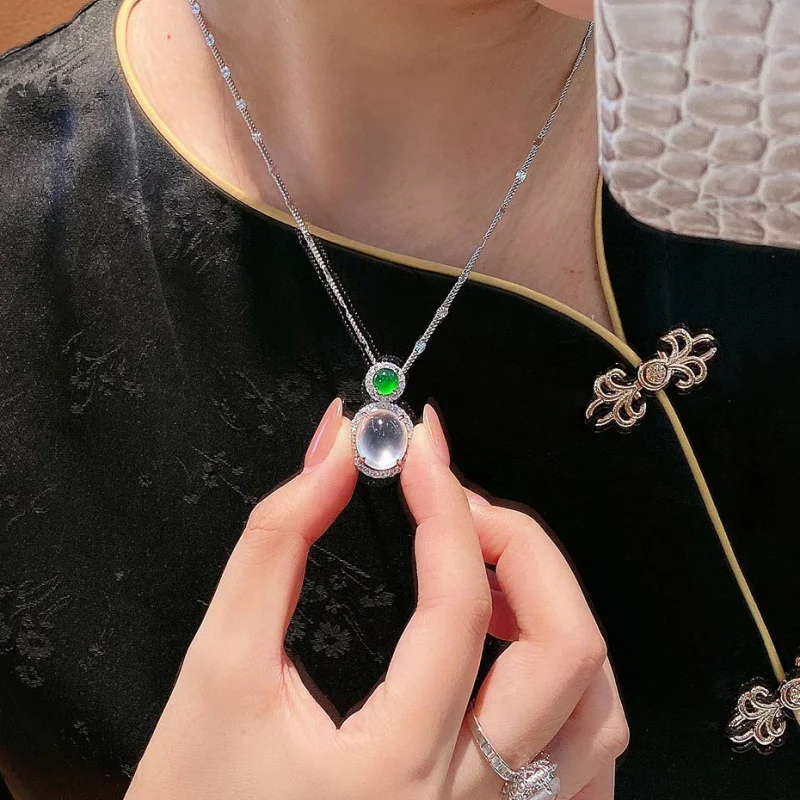 Natural Ice Transparent Gray Agate Green Chalcedony Oval Full Diamond Pendant for Women Vintage Elegant Earrings Two-Pie view 2