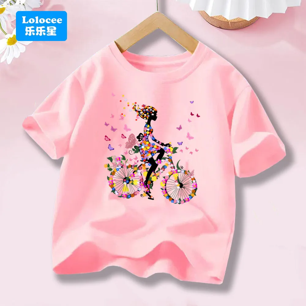 Floral Girl Riding Bicycle & Butterfly Printing Girls' Fashion Clothes Summer Short Sleeve Cotton T Shirts Kids Loose Top DCHD1