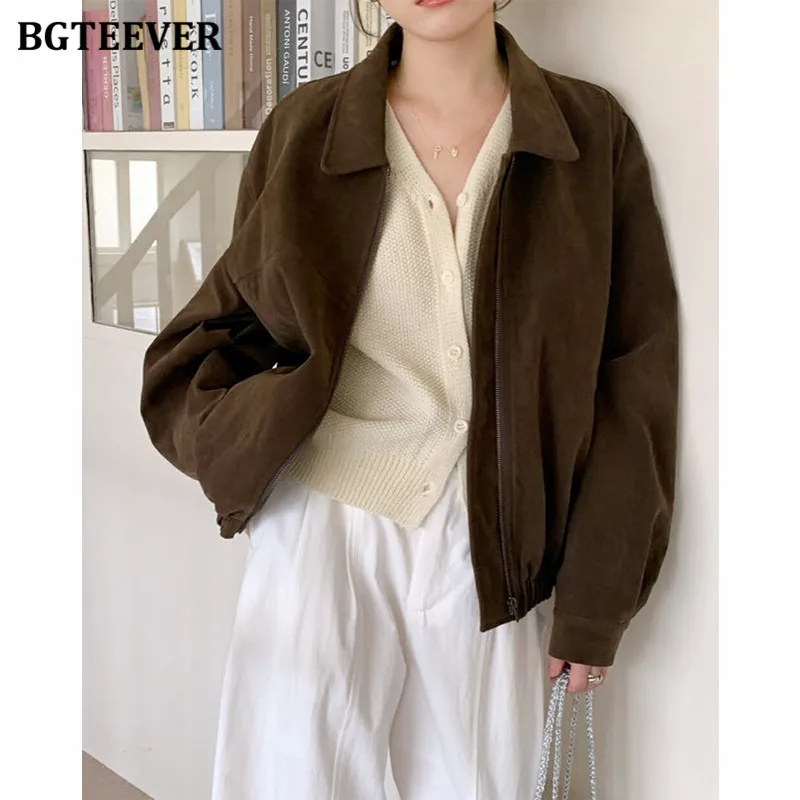 

BGTEEVER Vintage Long Sleeve Lapel Female Jackets Autumn Loose Pockets Ladies Short Coats