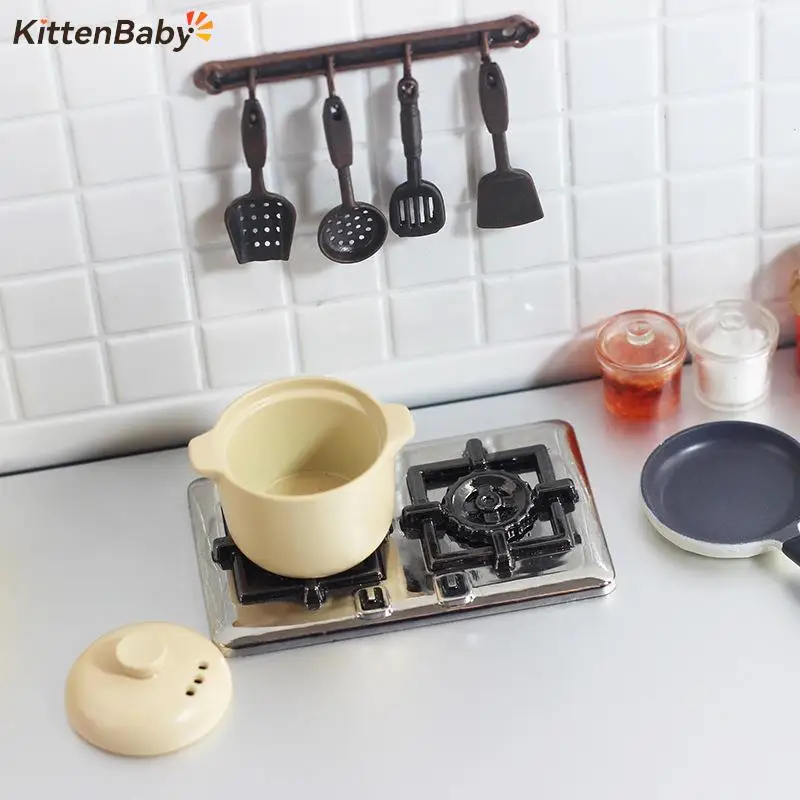 Doll House Accessories Mini Gas Double Stove Soup Pot Spatula Spoon Household Toy Decorations Shooting Scene Props