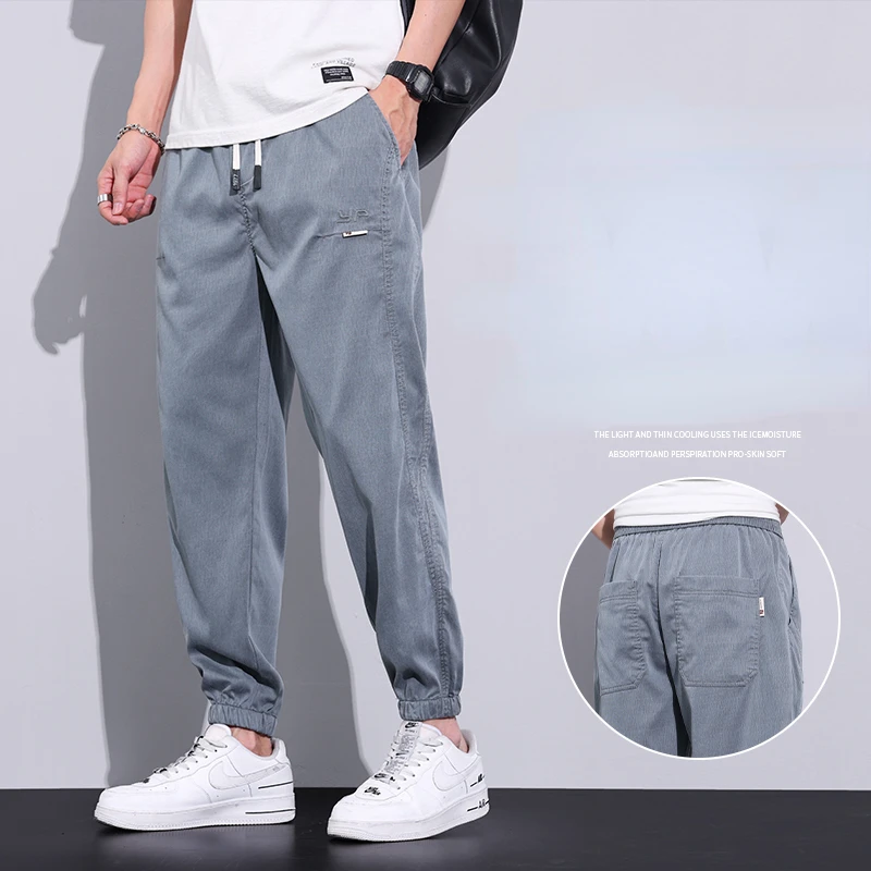 2023 Summer Lyocell Fabric Men's Jeans Thin Ankle Length Casual Pants Korea Elastic Waist Sport Trousers Black Grey M-5XL