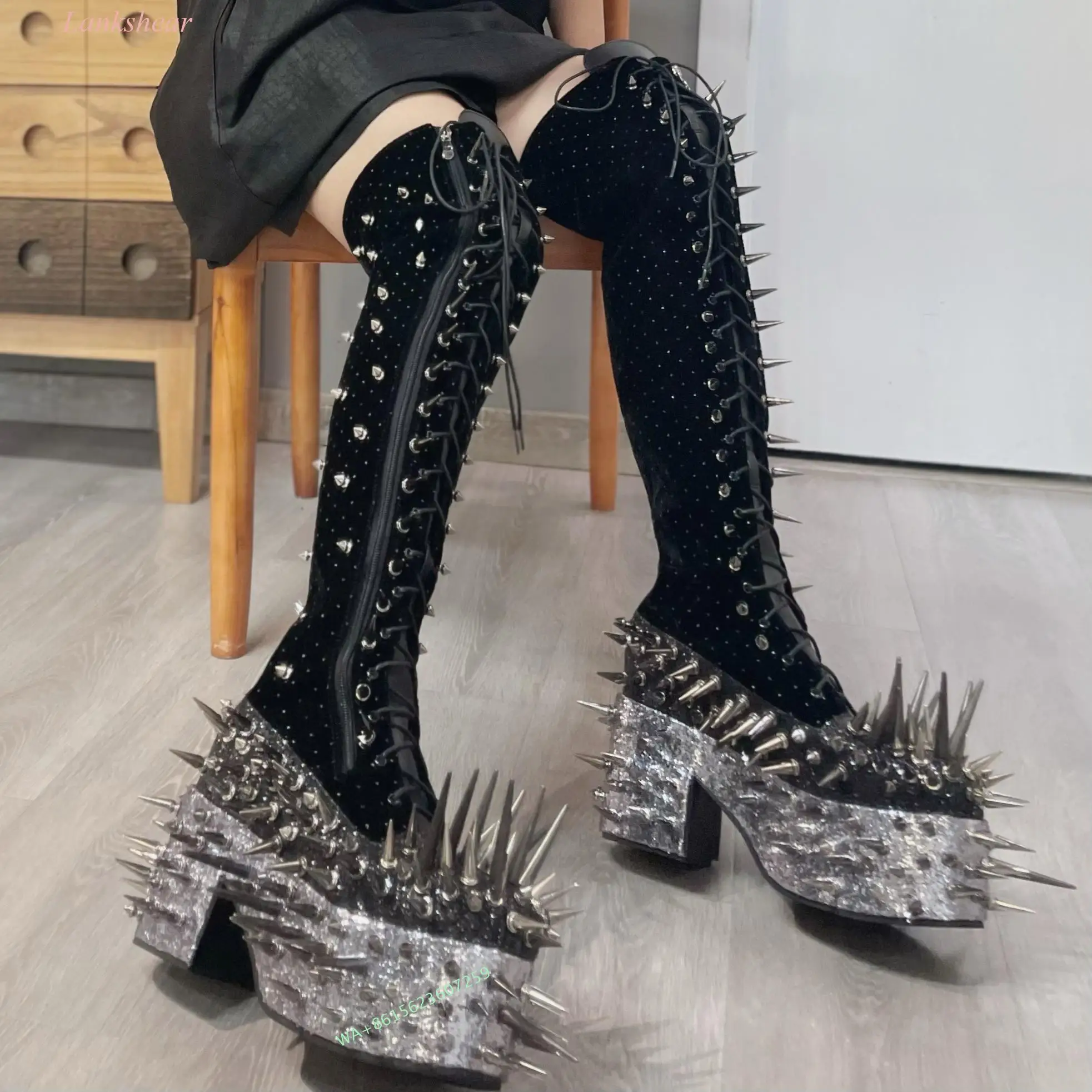 Metal Gothic Suede Leather Stitching Sequins Chunky Heel Boots Platform Rivet Silver Punk Boots Lace-Up Boots Large Size Women