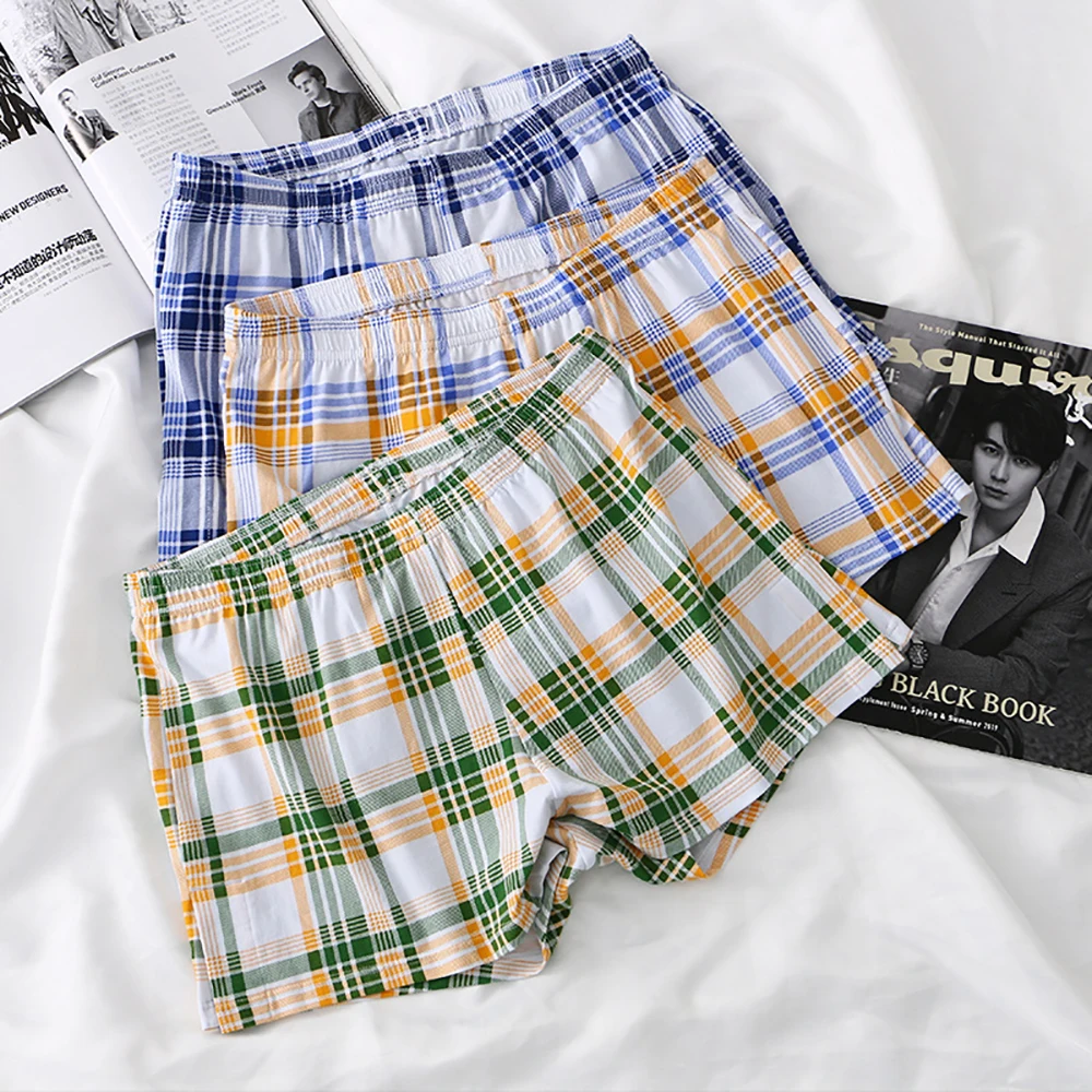 3PCS/Pack Loose Print Plaid Pajama Pants 100% Cotton Men's Panties High Elastic Mid-rise Boxers Double-layer Crotch Underpants