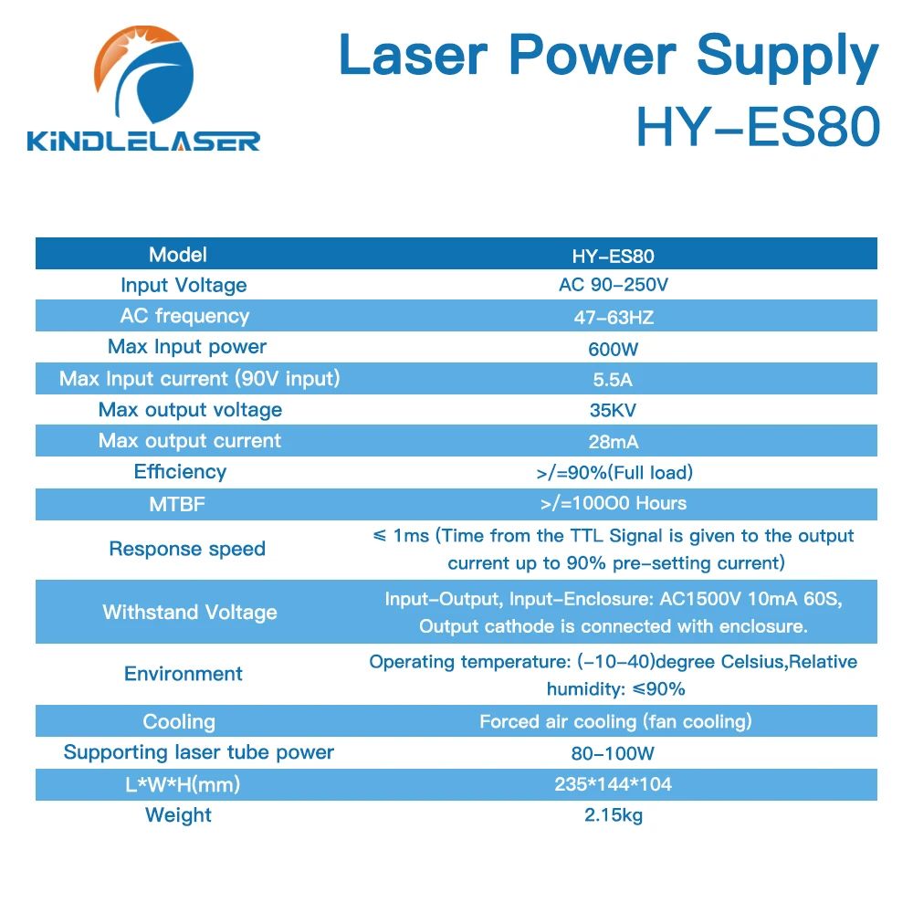 KINDLELASER 80-alimentazione elettrica del Laser di CO2 di 100W 80W HY-ES80 per la tagliatrice dell'incisione Laser di CO2 serie ES