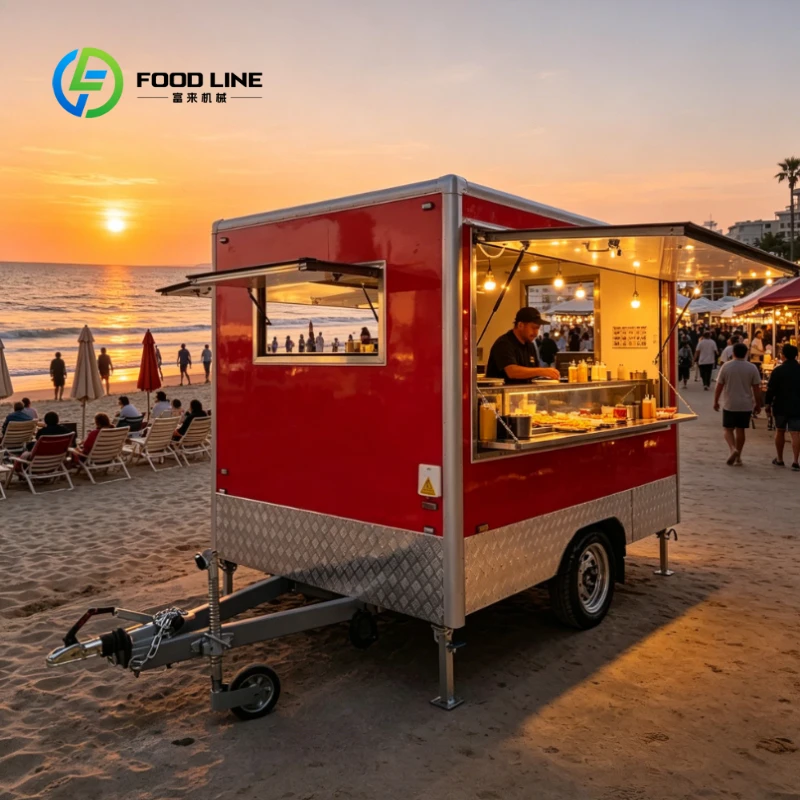 Customized Square Towable Food Truck Cart, Fully Equipped Mobile Restaurant Trailer for Carnival Fair Outdoor Catering Event