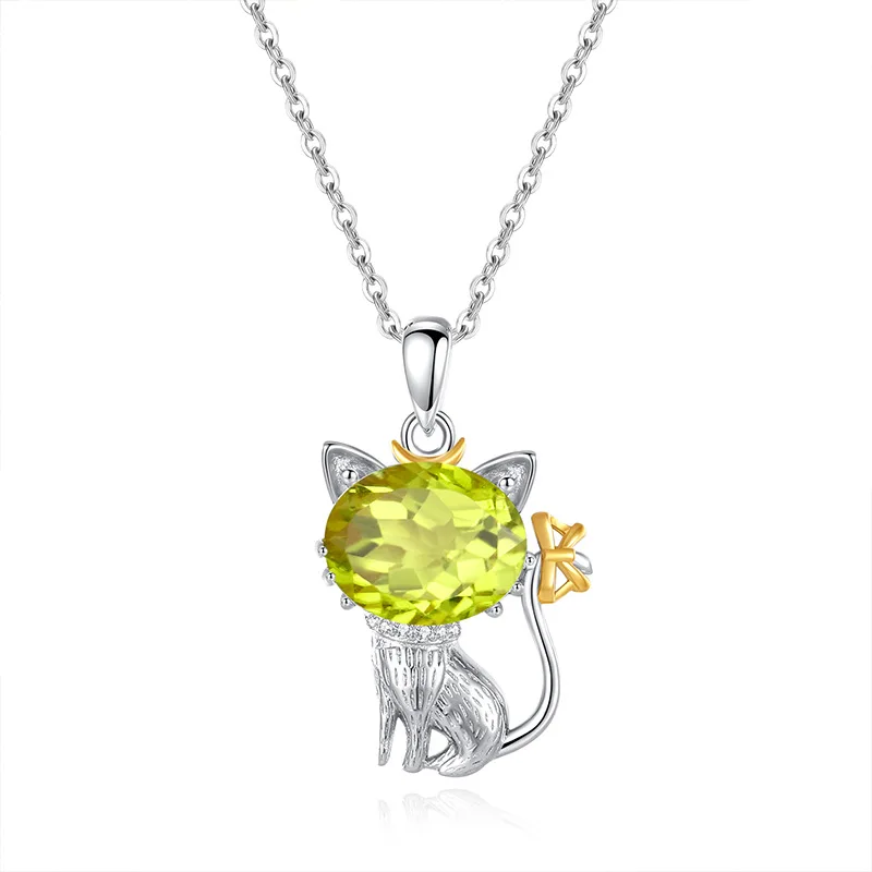 

Genuine 925 Sterling Silver Women Girl Necklace Pendant for Women Topaz Citrine Garnet Amethyst Peridot Jewlery Gift Cat Shape