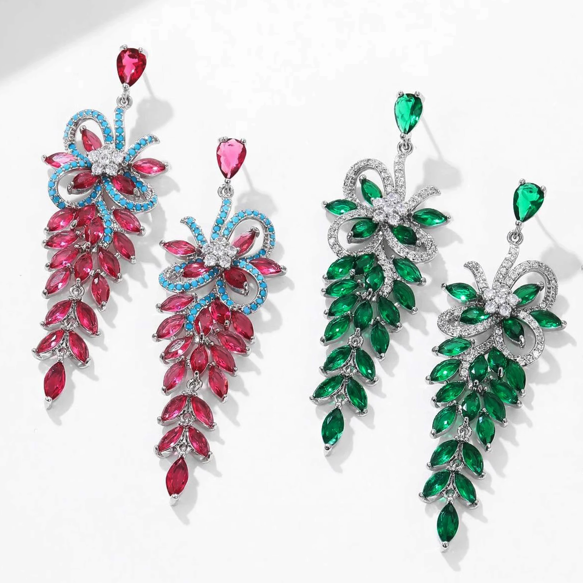 

elegant luxury earrings long leaf tassel pendant fushia green white waterdrop earrings wedding party jewelry anniversary gift