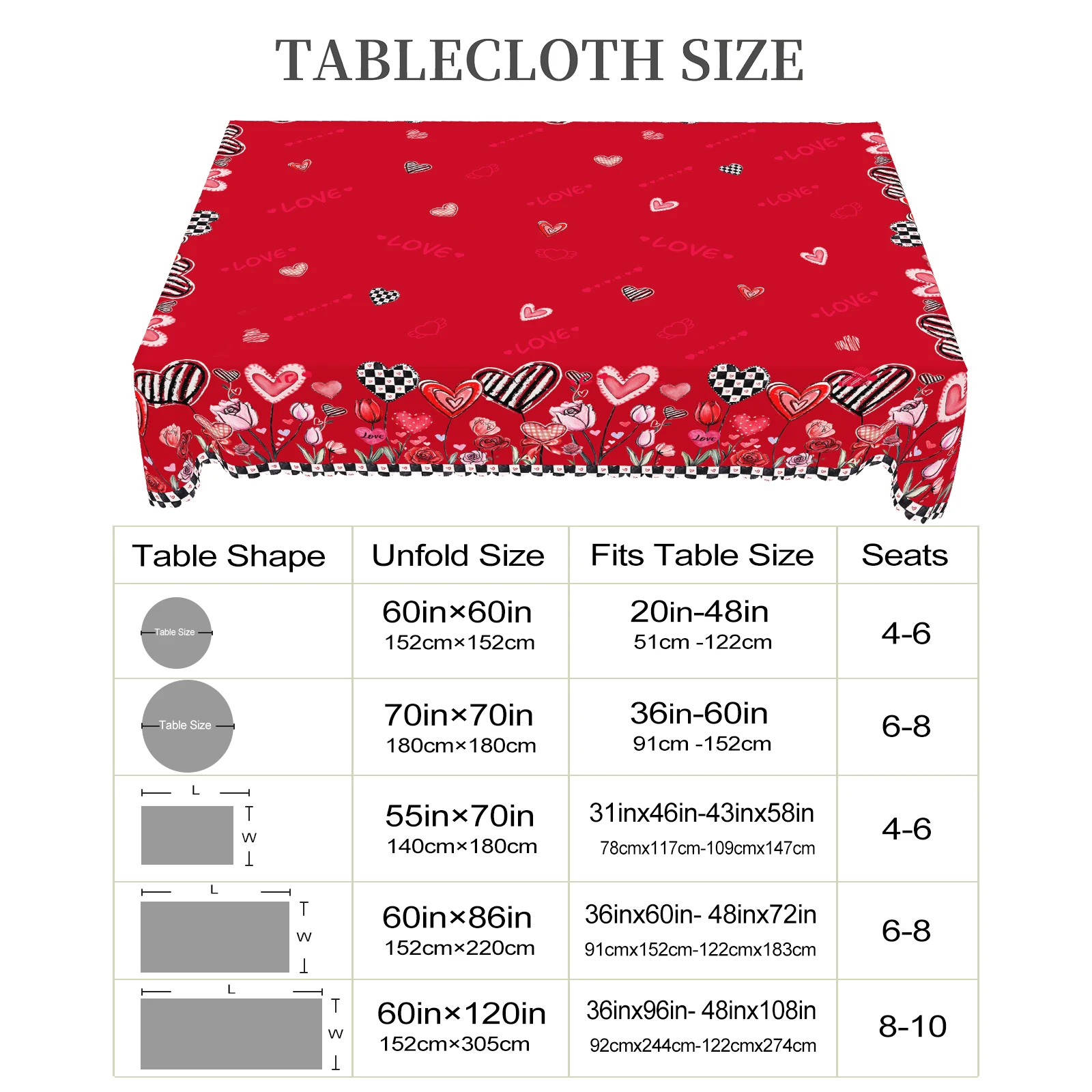 1 Piece Valentine\'s Day Round Tablecloth, 5 Sizes Available, Romantic Heart-Shaped Printed Square Tablecloth, Edge Embossing Process, Wedding Garden