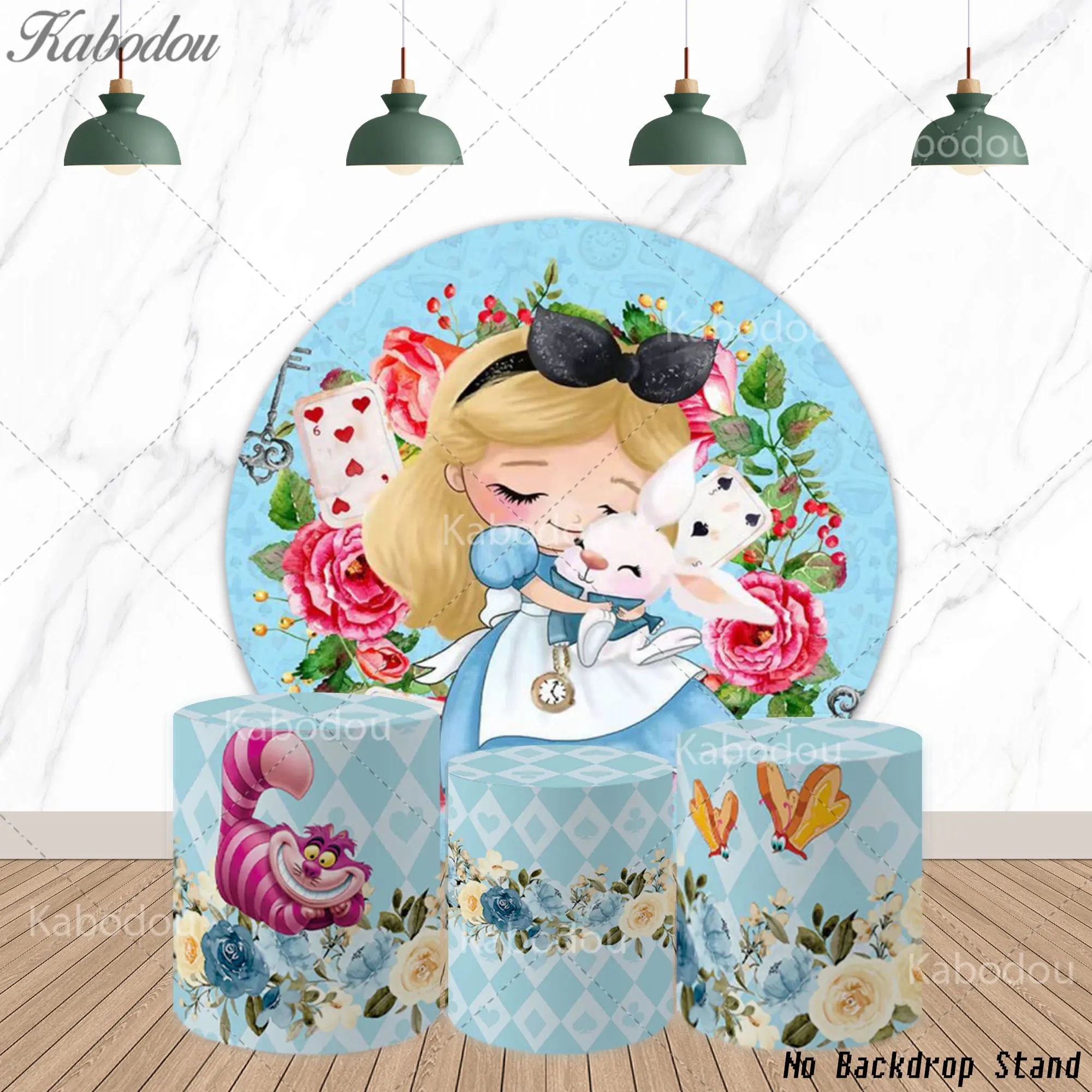 

Alice in Wonderland Round Background Cover Kids Birthday Baby Shower Decor Backdrop Cheshire Cat Playing Flower Cylinder Banner