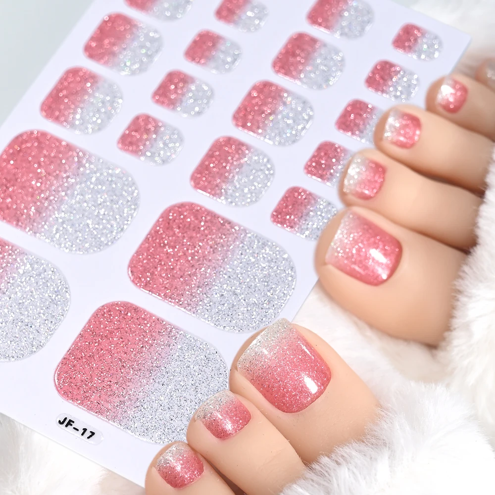 110 punte 5 fogli gradiente francese copertura completa adesivi per unghie dei piedi 3D lucido Omber Glitter Toe Wraps strisce polacche cottura decalcomanie libere R6