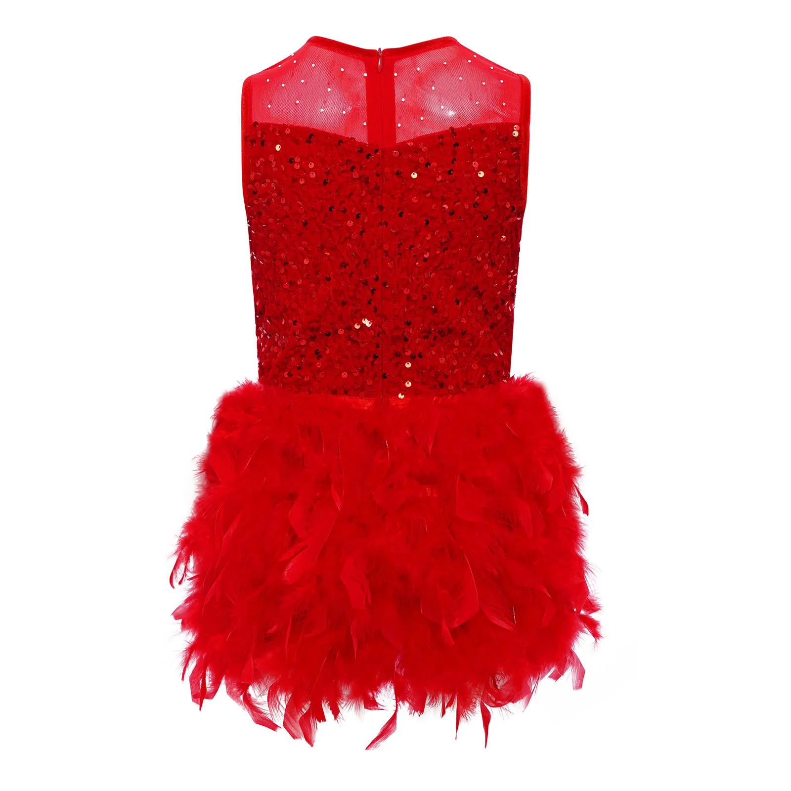 Kids Chilren's Gymnastics Leotard Jumpsuit Dancewear Mesh Tutu Dress Ballerina Outfits Girls Feather Sequins Ballet Dress