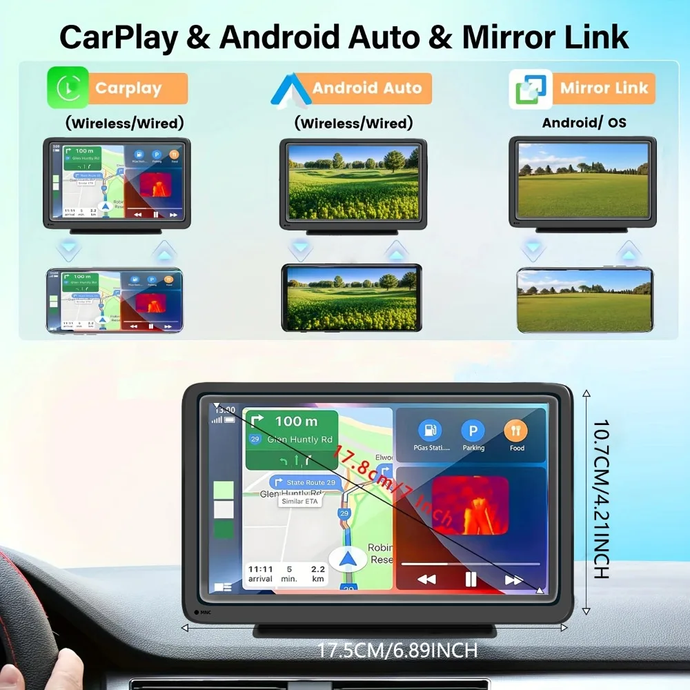 7 Inch Portable Wireless CarPlay Android Auto Screen Universal Plug Play Car Multimedia Display Easy Install For All Vehicles
