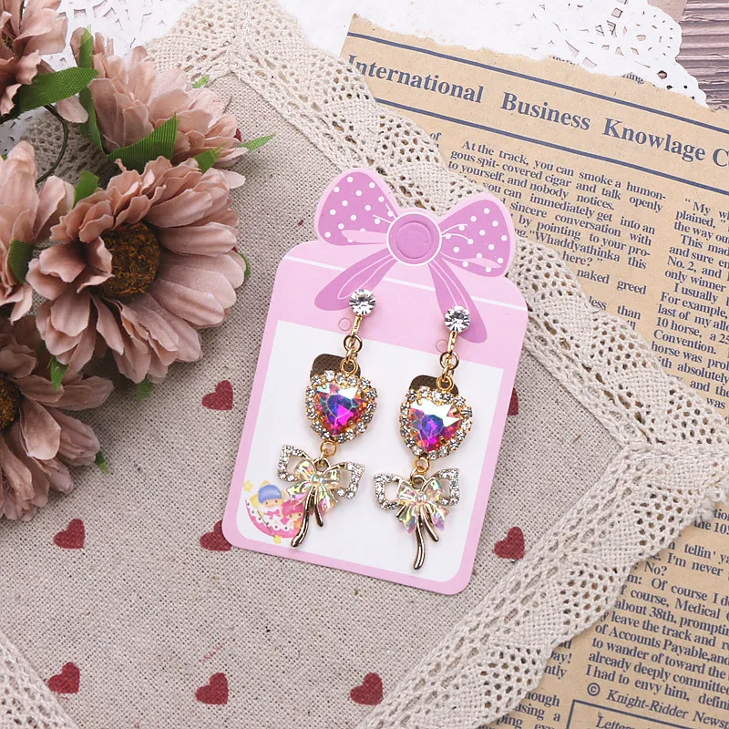 Lolita Style Earrings for Women Handmade Lovely Lady Earrings Rhinestone Dangle Earrings Sweet Cute Ear Clips Silver Needle